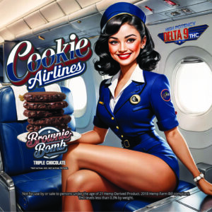 Classic flight attendant with a stack of large and thick chocolate cookies called Brownie Bomb that says 'High Potency - Delta 9 THC'.