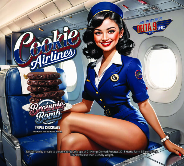 Classic flight attendant with a stack of large and thick chocolate cookies called Brownie Bomb that says 'High Potency - Delta 9 THC'.