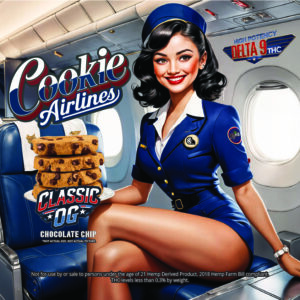 Classic flight attendant with a stack of large and chocolate chip cookies called Cali OG that says 'High Potency - Delta 9 THC'.