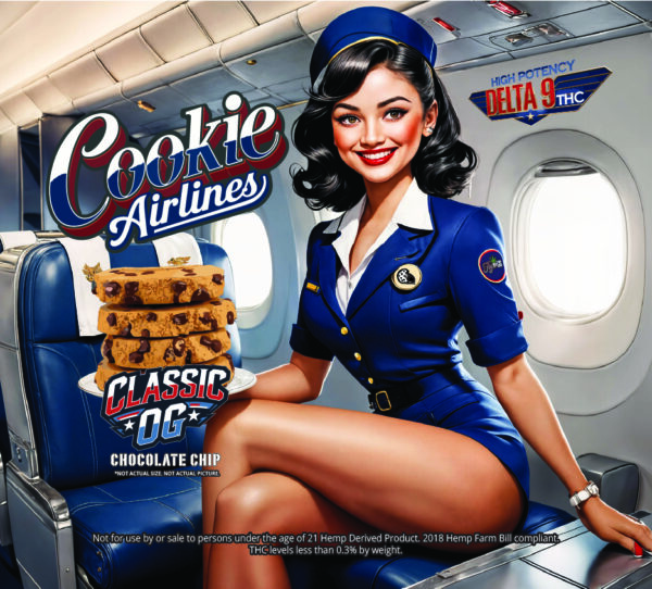 Classic flight attendant with a stack of large and chocolate chip cookies called Cali OG that says 'High Potency - Delta 9 THC'.