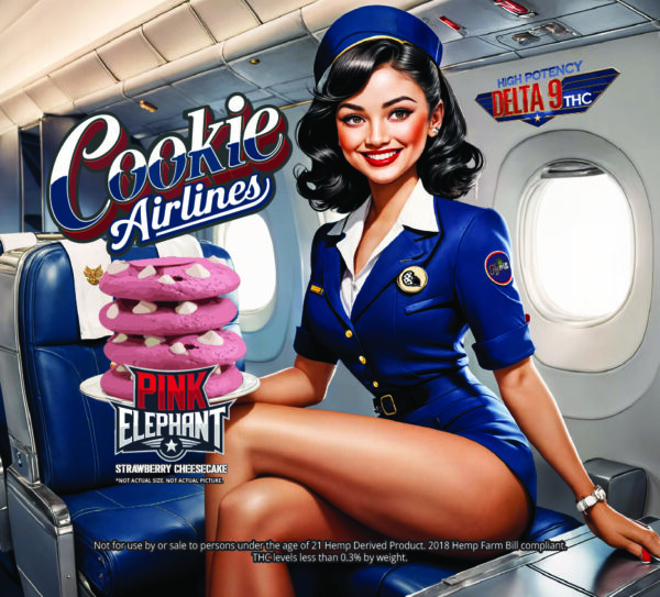 Classic flight attendant with a stack of large and thick Strawberry Cheesecake cookies called Pink Elephant that says 'High Potency - Delta 9 THC'.