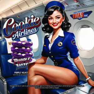 Classic flight attendant with a stack of large and thick Purple Velvet cookies called Purple Haze that says 'High Potency - Delta 9 THC'.