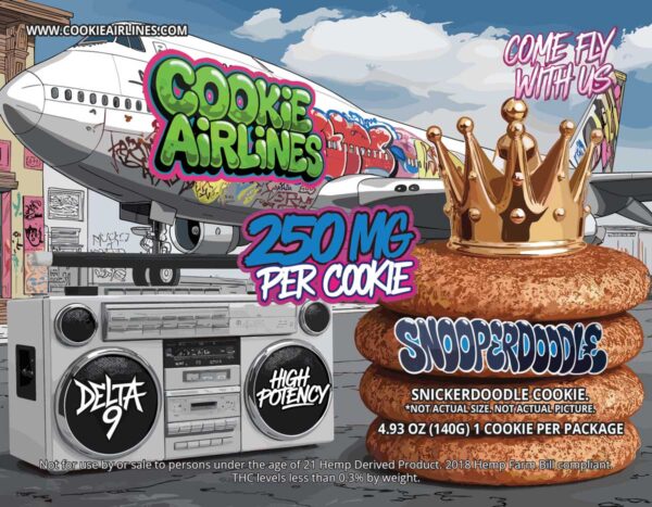 Graffiti graphic with a large cinnamon spiced cookie alongside a boombox and an airplane with a green graffiti tag that says 'Cookie Airlines'.