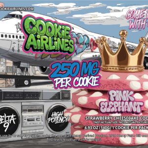 Graffiti graphic with a large pink cookie with white chocolate chips alongside a boombox and an airplane with a green graffiti tag that says 'Cookie Airlines'.