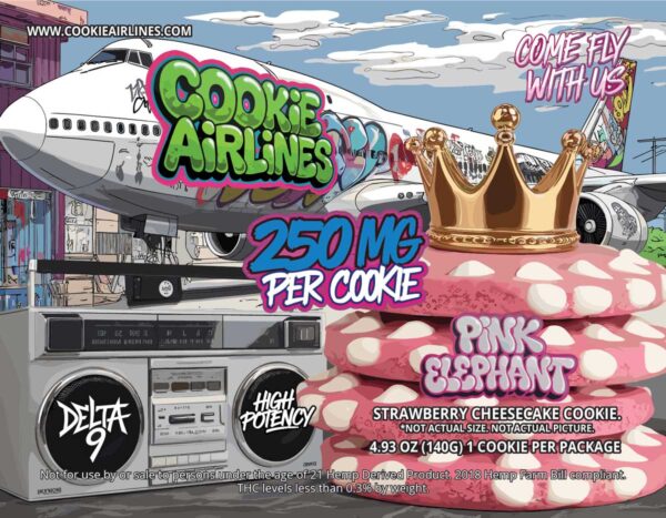 Graffiti graphic with a large pink cookie with white chocolate chips alongside a boombox and an airplane with a green graffiti tag that says 'Cookie Airlines'.