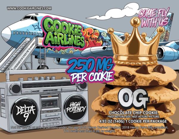 Graffiti graphic with a large chocolate chip cookie alongside a boombox and an airplane with a green graffiti tag that says 'Cookie Airlines'.