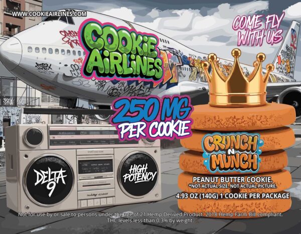 Graffiti graphic with a large peanut butter looking cookie alongside a boombox and an airplane with a green graffiti tag that says 'Cookie Airlines'.