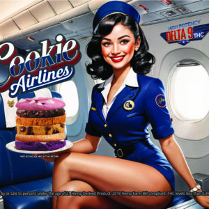 Classic flight attendant with a stack of large and thick cookies in various flavors that says 'High Potency - Delta 9 THC'.