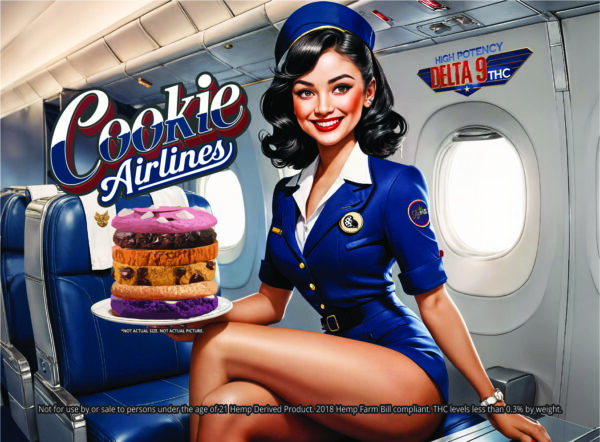 Classic flight attendant with a stack of large and thick cookies in various flavors that says 'High Potency - Delta 9 THC'.